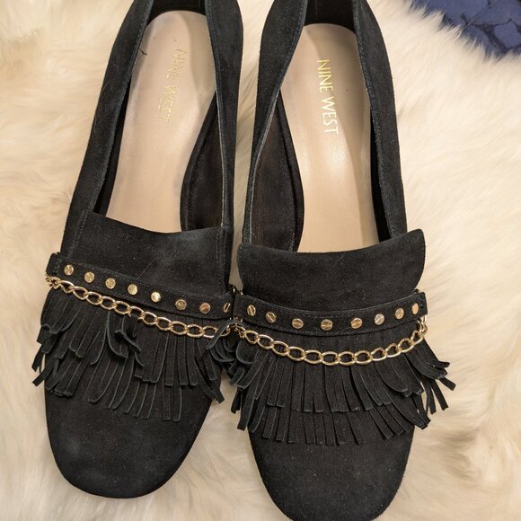 Nine West Leather Suede Fringe Block Heel Shoe - Picture 2 of 5